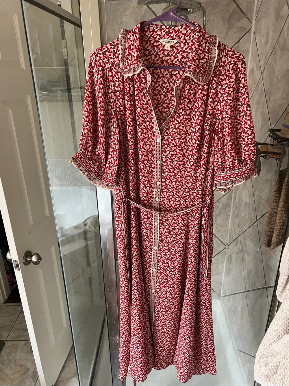 Max studio Red Printed Button-Front Shirt Dress with Belt